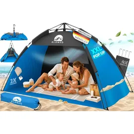 eloneo Pop Up Strandmuschel UV Schutz 80+, Leichter Aufbau und kleines Packmaß inkl. Tragetasche, Sonnenschutz & Windschutz für Babys und Erwachsene, Blau , 220x150x130 cm