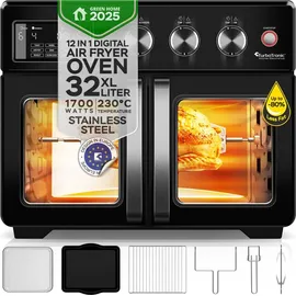 TurboTronic digitaler Heißluftofen - XXL 32 Liter mit Drehspieß 4in1 Mini Backofen & Power Heißluftfritteuse Airfryer schwarz