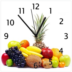 Wallario Wanduhr Gemischtes Obst aus aller Welt – Exotische Obstsammlung (Glasuhr) gelb 30 cm x 30 cm