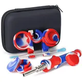 SUNNEKO Silikon-Honigbienen-Dampf-Strohhalm-Set, Tupf-Strohhalm, Öl-Rigs-Schalen, Sammler, Titanspitze, 16,5 cm, Wachsschnitz-Reisewerkzeug-Set Mit Reiseetui (Rot + Blau +