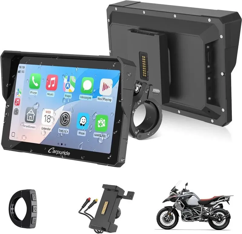 Carpuride W702S Pro Motorrad-CarPlay-Display mit BM05-Halterung für Plug-and-Play, kabelloses CarPlay & Android Auto, 7 Zoll wasserdichtes Touchscreen, Intercom-Funktion, Dual-Bluetooth, kabelgebundener Controller, Navigation