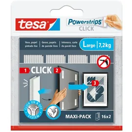 Tesa Powerstrips CLICK - Klebehaken zum Aufhängen von Bilderrahmen und Wanddekorationen ohne Bohren - selbstklebende Streifen mit Ein- und Aushängesystem - Large - 16 x 2 Stück