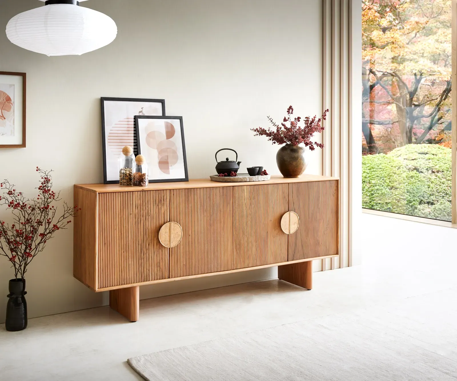 DELIFE Buffet Surimu 175 cm Acacia brun clair 4 portes 2 compartiments Poignée en liège Pieds en bois, Buffets