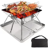 Klappbare Grillstelle Aus Edelstahl Mit Holz-/holzkohlegrill Für Camping Und Picknicks. Inklusive Metallbox Und Tasche.