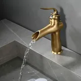 XVX - Vintage Wasserfall Waschbecken Wasserhahn, Antiker Messing Waschbecken Wasserhahn, Einloch, Einhebel, Vintage Heiß- und Kaltwaschbecken