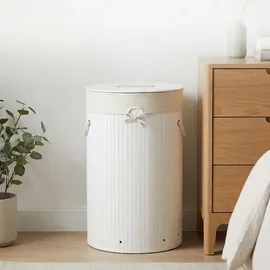 Relaxdays Wäschekorb Bambus, faltbare Wäschetonne mit Deckel, Volumen 70 l, Wäschesack Baumwolle, rund weiß
