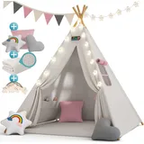 SPIELWERK Spielwerk® Tipi Zelt für Kinder Indoor 130x130cm Set mit Bodenmatte Beige Rosa
