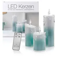 "LED Universum LED Acryl Glitzer Kerze Türkis 3er Set \"Liza\" inkl. Fernbedienung und Timer"