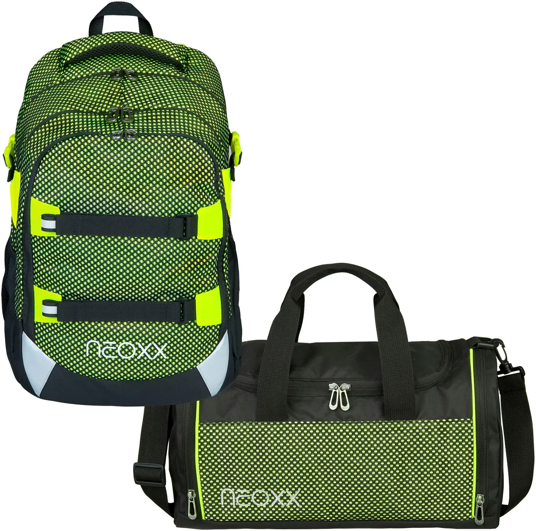 Schulrucksack NEOXX "All about Neon Rucksack & Sporttasche" Gr. B/H/T: 31cm x 45,5cm x 24cm, grün (about neon) Kinder Rucksäcke aus recycelten PET-Flaschen