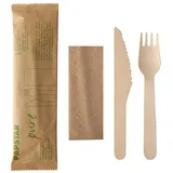 Papstar Besteckset Holz "pure" Messer, Gabel, Serviette in Papierbeutel, Einwegartikel