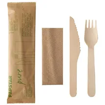 Papstar Besteckset Holz "pure" Messer, Gabel, Serviette in Papierbeutel, Einwegartikel