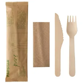 Papstar Besteckset Holz "pure" Messer, Gabel, Serviette in Papierbeutel, Einwegartikel