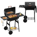 Homelux Holzkohlegrill, Smoker Grill, BBQ Grillwagen mit Deckel, Rädern, Thermometer, Abnehmbare Seitenregale