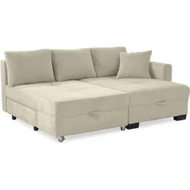 luma-home Ecksofa Schwenkfunktion Doppelbett, Schlafcouch Bettkasten, Cordbezug Beige Grau / 15215 - Beige/Grau