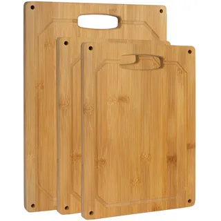 3er Set Bambus Schneidebrett Holz 2 Größen 23x33cm + 30x40cm / mit Silikonstopper, Saftrille und Griff