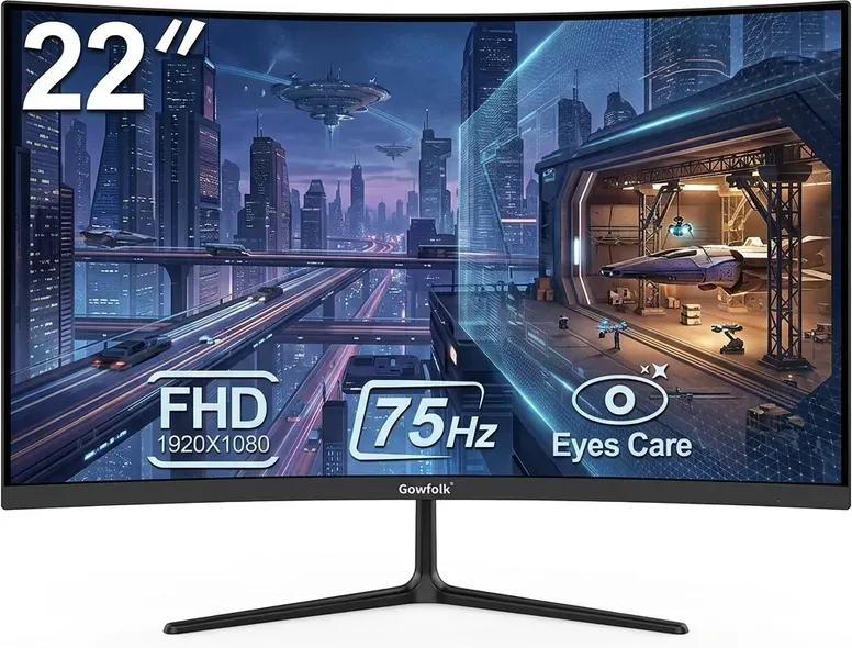 Gawfolk 22 Zoll Full HD Curved Monitor, 75 Hz, Blaulichtfilter & Flicker-Free, HDMI/VGA, für Home Office, Studium und Streaming, Schwarz