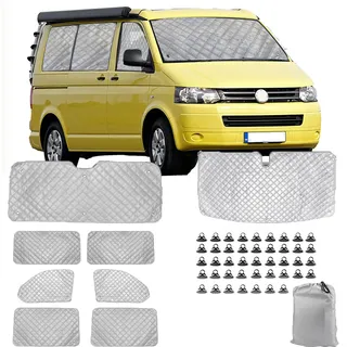 POPUBBY Sonnenschutz Auto Frontscheibe Ersatz für VW T5 T6, 8 Stück Thermomatten VW LWB T5 T6 Wohnmobil Transporter Thermomatten mit Aufbewahrungstasche Fahrerhaus Passend, 100% Okklusion