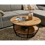 Stolkom JAMBI Couchtisch Massivholz Mango rund - Hochwertiger Sofatisch mit schwarzem Metallgestell - 86,5 x 44 x 86,5 cm (B/H/T)