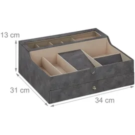 Relaxdays Schmuckkästchen, Lederoptik, Samt, Schmuckkasten für Damen & Herren, Hxbxt: 13 x 34 x 31 cm, Schmuckbox, Grau