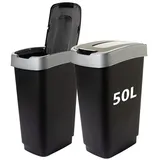 2friends Mülleimer Abfalleimer mit Schwingdeckel (2er Set) - Optimale Mülltrennung mit 2 Fächern je 50L, 56x29x39cm, Stilvoll in Schwarz/Silber - Langlebig & Robust, Made in EU