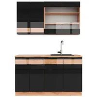 Vicco Singleküche, Fame-Line, 140 cm, AP Eiche, Schwarz-Eiche Hochglanz/Goldkraft Eiche - Schwarz