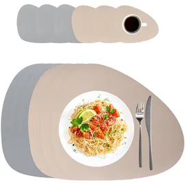 Relaxdays Platzdeckchen mit Untersetzern, 6er Set, 30 x 40,5 cm abwischbar, ovales Tischset, grau/beige