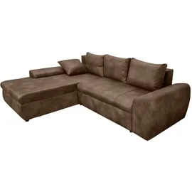 luma-home schönes für dein zuhause Ecksofa mit Schlaffunktion und Bettkasten 266/186/90 cm, Ottomane links, Mikrofaser Leder-Optik Braun / 18014