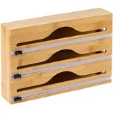 Relaxdays Folienspender, 3 Rollen, Schublade, Bambus, HxBxT 22 x 33,5 x 7 cm, Folienschneider Küche, Folienhalter, Natur