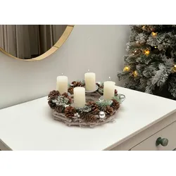 Mendler Adventskranz HWC-M15, Adventsgesteck Tischkranz Weihnachtsdeko Tischdeko, Holz MVG silber Ø 32cm ~ mit Kerzen