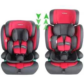 XOMAX Kindersitz ISOFIX I mitwachsend I 9-36 kg, 15 Monate - 12 Jahre, Gruppe 1/2/3 I 5-Punkt-Gurt und 3-Punkt-Gurt I Bezug abnehmbar und waschbar I ECE R129 I anthrazit-rot