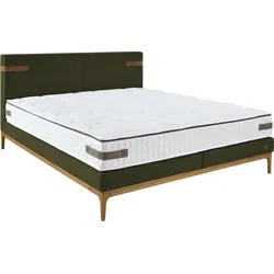 Boxspringbett BIRKENSTOCK "Iona", grün (olivgrün cww 33), B:161,5cm L:218cm, Loden CWW (70% Wolle, 25% Polyamid, 5% andere Fasern), Scheuertouren 40000, Komplettbetten, Boxspringbett, mit Lederlaschen am Kopfteil, mit Holzsockel in Eiche natur