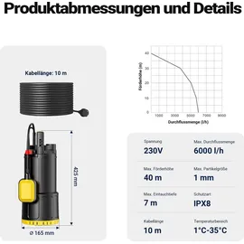 Wiltec Tauchpumpe 1200 W mit Schwimmerschalter