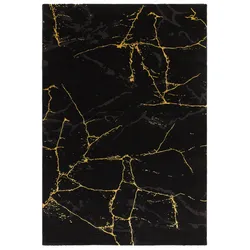 Teppich LEONIQUE "Juliet" Gr. 2, schwarz (schwarz, gold), B:80cm H:12mm L:150cm, Kunstfaser, Teppiche, modernes Marmor-Design, Kurzflor, pflegeleicht, weich
