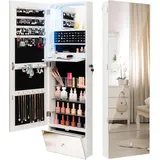 GOPLUS Schmuckschrank hängend, Schmuckorganizer mit LED-Beleuchtung, abschließbarer Spiegelschrank mit klappbarem Ablagefach & Stauraum, Schmuckregal Schmuckaufbewahrung, Wandmontage, Weiß
