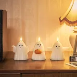 Lights4fun 3er Set TruGlow® LED Gespenster Kerzen mit Fernbedienung und Timer batteriebetrieb Herbst Deko Orange Kürbis Halloween Deko