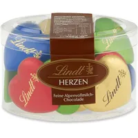 Lindt Schokolade Vollmilch Schokoladenherzen | 300 g | 15 x feinste Alpenvollmilch Schokolade in Herzform in den Farben Grün, Rot, Blau, Gold | Schokoladengeschenk