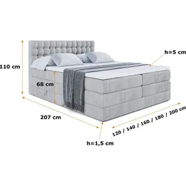 altdecor Boxspringbett VIONE KING - 160 x 200 - H3/H4 - Hellgrau