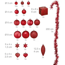 Relaxdays Weihnachtskugeln 110er Set, Kunststoff, Weihnachtsbaumdeko mit Kugeln & Lametta UVM., Christbaumschmuck, rot