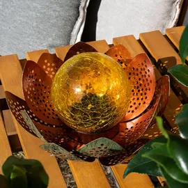 GLOBO Garten Außenlampen Solarleuchte dekorative LED Solarleuchte im Lotusblüten Design, Glaskugel goldfarben, LED, 22cm, Terrasse, 2er Set