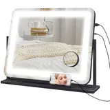 Homcom Schminkspiegel mit Beleuchtung, LED Kosmetikspiegel mit 3 Lichtfarben, Tischspiegel mit 10X Vergrößerung, Handy-Halter, USB-Ladeanschluss, 360° Drehbar, Schwarz