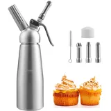 Hebitod Sahnespender Sahnesyphon Aluminium, 0,5 L Schlagsahnebereiter mit 3 Edelstahl Deko-Düsen und 1 Reinigungbürste, Profi Schlagsahne Dispenser für Desserts Gebäck Sahne, Soßen und mehr