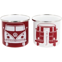 BRISA VW Collection - Volkswagen 2er Set Emaille Kaffee-Tee-Cappuccino-Tasse-Becher-Haferl Mug für Camping & Outdoor T1 Bus (350 ml x2/Rot & Weiß)