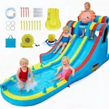 XXL Planschbecken Mit Rutsche, Wasserspielzeug Mit Gebläse, 4 Modi Indoor & Outdoor Wasserrutsche Aufblasbar, Pool Mit Rutsche, Wasserbahn Kinder Draußen