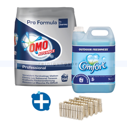 Waschmittelset Omo Advance inkl. Weichspüler und Klammern hochwertiges Vollwaschmittel, Weichspüler, 50 Wäscheklammern