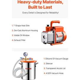 Vevor 11,36L Vakuumkammer & 3,5 CFM Pumpe, Edelstahlkammer, einstufiges Vakuumpumpen-Entgasungskammerset, mit Acryldeckel, Öl, 1,5 m Schlauch, Vacuum Pump Kit zum Entgasen von Harz-Silikon-Epoxiden