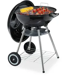 Relaxdays Relaxdays Kugelgrill mit Deckel, Ablage & Aschetopf, fahrbar, Garten & Camping, Grill ∅ 40 cm, Holzkohlegrill, schwarz