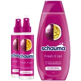 Schauma Sprühpflege Fresh it Up! (2x200 ml) Hitzeschutz intensive Geschmeidigkeit & Pflege-Shampoo Fresh it Up! Passionsfrucht (400 ml) für fettigen Ansatz & trockene Spitzen