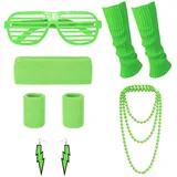 SKHAOVS 80er Jahre Accessoires Damen, 80er 90er Jahre Outfit Damen Grün, Stirnband, Beinstulpen, Halskette, Armband, Ohrring, Brille, für 80er Jahre Neon Kostüm Partys Karneval (Grün) - Einheitsgröße