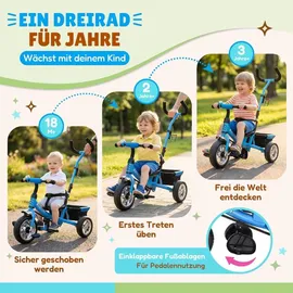 SPIELWERK Dreirad 108227, Raceline, blau, ab 1,5 Jahre, mit Gurt, Korb und Schiebestange
