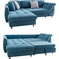 luma-home Ecksofa mit Schlaffunktion und Bettkasten 250x190 cm, Wellenfedern, Ottomane links, Mikrofaser Blau / 17102